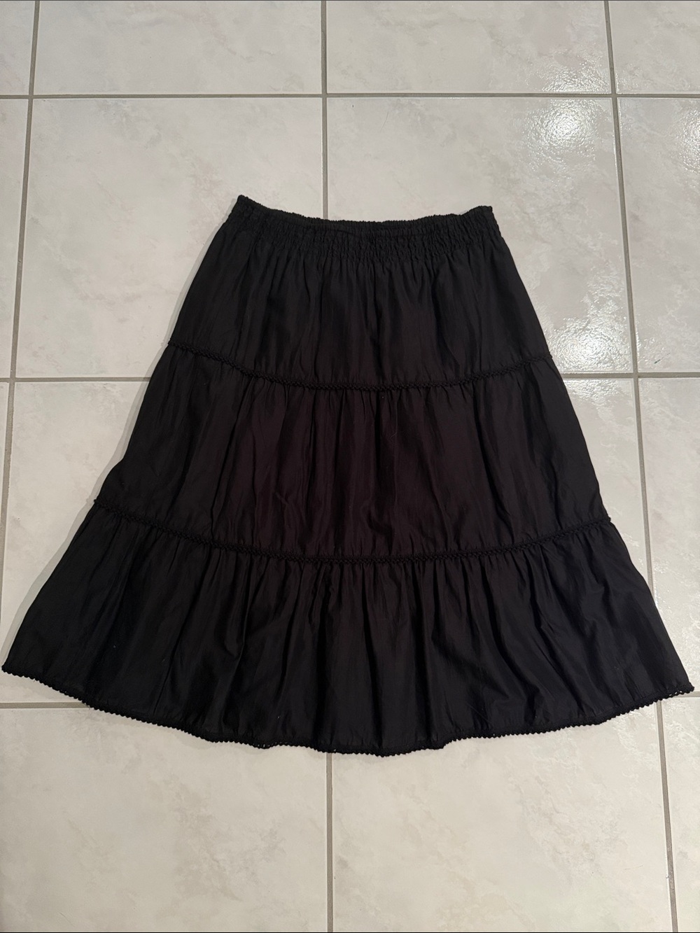 100% Cotton Women's Black Tiered Midi Skirt with Elastic Waist